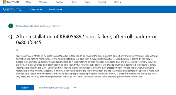 Win10 CPU漏洞补丁造成部分AMD平台变砖：用户没法忍
